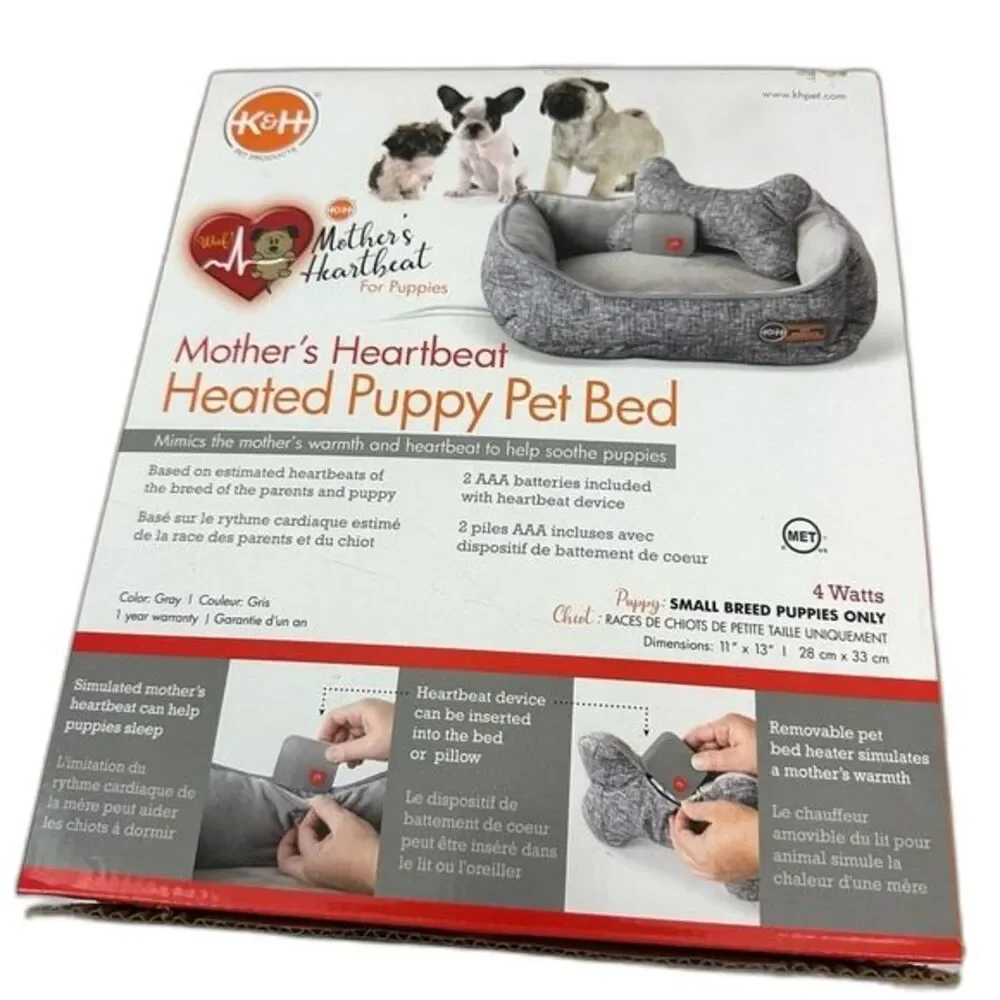 K&H Mother's Heartbeat Grey Heated Puppy Pet Bed Dog Animal Comfy Sleep Nap